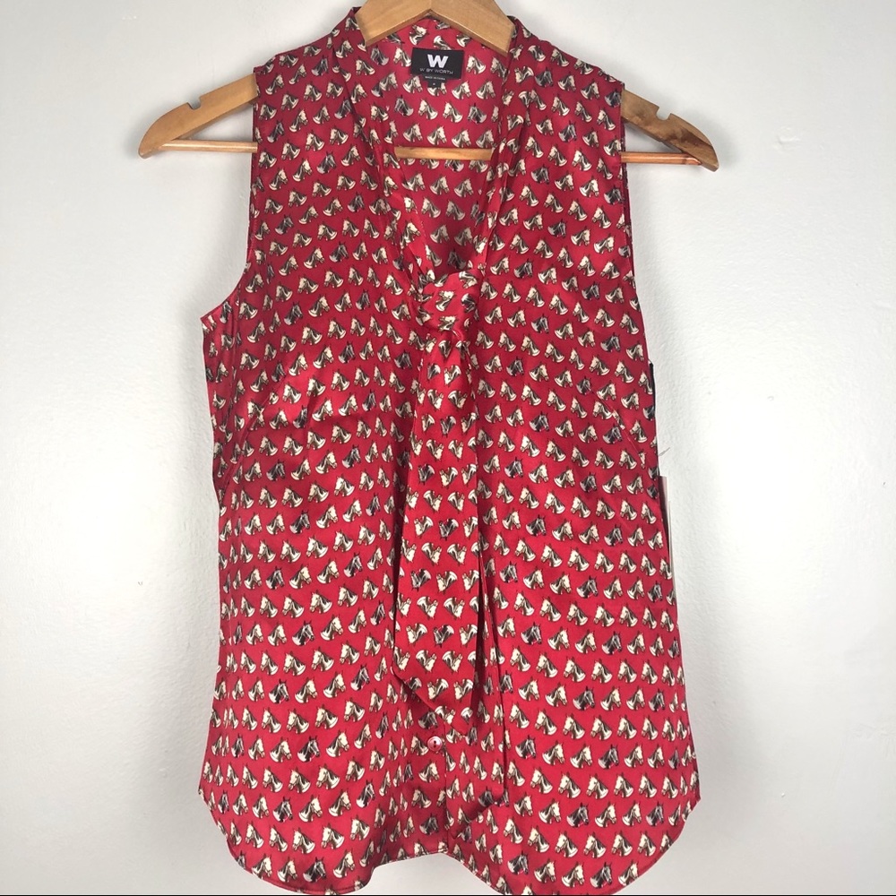 W by Worth Silk Horse Print Sleeveless Blouse w Pussybow